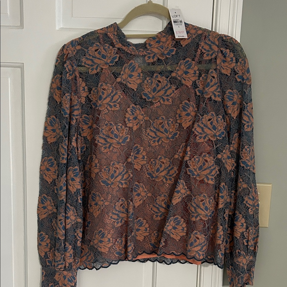 LOFT Navy Floral Lace Long Sleeve Blouse